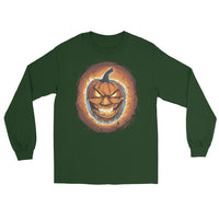 Fire Jack O' Lantern design on unisex long sleeve shirt, front view