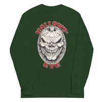 Grinning Skull Pumpkin design on unisex long sleeve shirt, front view