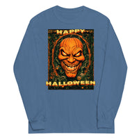 Happy Halloween Evil Pumpkin design on unisex long sleeve shirt, front view