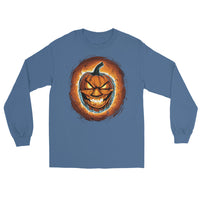 Fire Jack O' Lantern design on unisex long sleeve shirt, front view