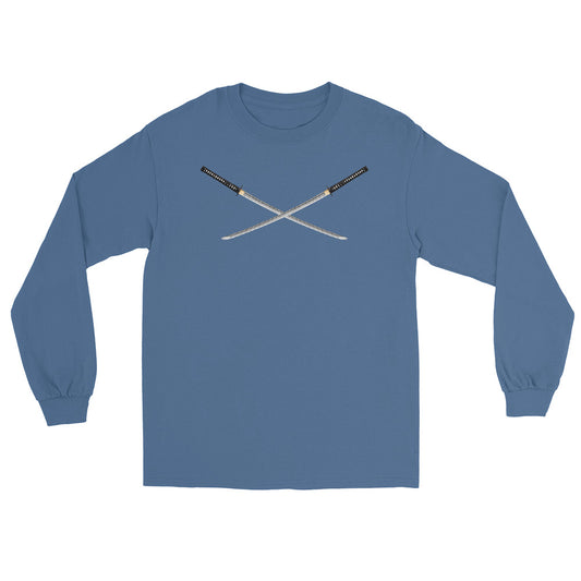 Dual Samurai Swords design on unisex long sleeve shirt, front view