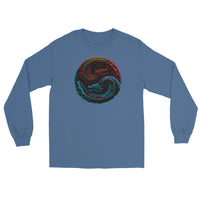 Yin Yang Dragon Fire & Ice design on unisex long sleeve shirt, front view