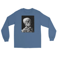 Skeleton Smoking Van Gogh design on unisex long sleeve shirt, front view