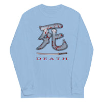 Death Kanji 死 Bloody Sword design on unisex long sleeve shirt, front view