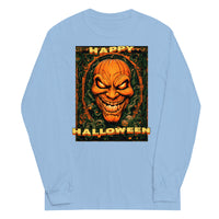 Happy Halloween Evil Pumpkin design on unisex long sleeve shirt, front view