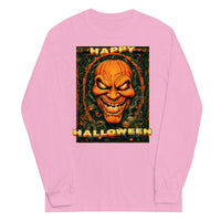 Happy Halloween Evil Pumpkin design on unisex long sleeve shirt, front view