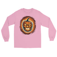 Fire Jack O' Lantern design on unisex long sleeve shirt, front view