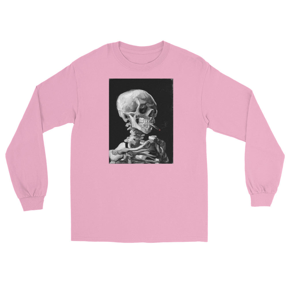 Skeleton Smoking Van Gogh design on unisex long sleeve shirt, front view