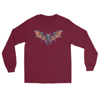 Whimsical Vampire Bat Skeleton design on unisex long sleeve shirt, front view