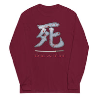 Death Kanji 死 Bloody Sword design on unisex long sleeve shirt, front view