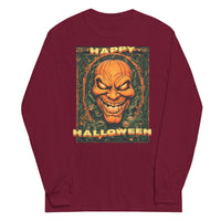 Happy Halloween Evil Pumpkin design on unisex long sleeve shirt, front view