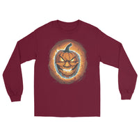 Fire Jack O' Lantern design on unisex long sleeve shirt, front view