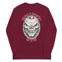 Grinning Skull Pumpkin design on unisex long sleeve shirt, front view
