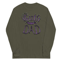Purple Goth Dad Bat design on unisex long sleeve shirt, front view