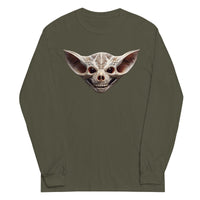 Grinning Bat Skull design on unisex long sleeve shirt, front view