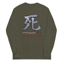 Death Kanji 死 Bloody Sword design on unisex long sleeve shirt, front view