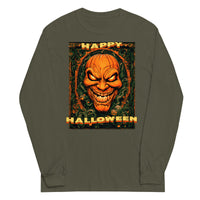 Happy Halloween Evil Pumpkin design on unisex long sleeve shirt, front view