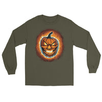 Fire Jack O' Lantern design on unisex long sleeve shirt, front view
