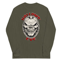 Grinning Skull Pumpkin design on unisex long sleeve shirt, front view