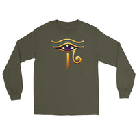 Eye of Ra Sun God design on unisex long sleeve shirt, front view