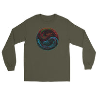 Yin Yang Dragon Fire & Ice design on unisex long sleeve shirt, front view