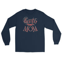 Red Goth Mom Bat design on unisex long sleeve shirt, front view