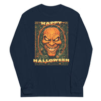 Happy Halloween Evil Pumpkin design on unisex long sleeve shirt, front view