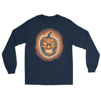 Fire Jack O' Lantern design on unisex long sleeve shirt, front view