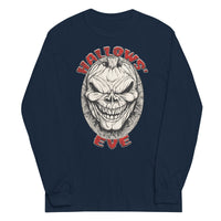 Grinning Skull Pumpkin design on unisex long sleeve shirt, front view