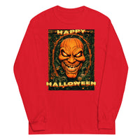 Happy Halloween Evil Pumpkin design on unisex long sleeve shirt, front view