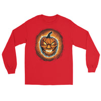 Fire Jack O' Lantern design on unisex long sleeve shirt, front view
