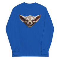 Grinning Bat Skull design on unisex long sleeve shirt, front view