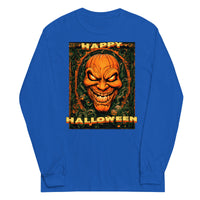 Happy Halloween Evil Pumpkin design on unisex long sleeve shirt, front view