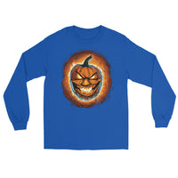 Fire Jack O' Lantern design on unisex long sleeve shirt, front view