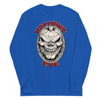 Grinning Skull Pumpkin design on unisex long sleeve shirt, front view