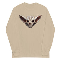 Grinning Bat Skull design on unisex long sleeve shirt, front view