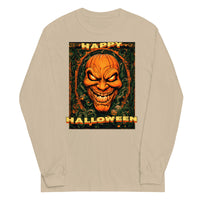 Happy Halloween Evil Pumpkin design on unisex long sleeve shirt, front view