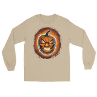 Fire Jack O' Lantern design on unisex long sleeve shirt, front view