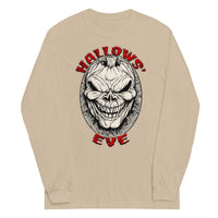 Grinning Skull Pumpkin design on unisex long sleeve shirt, front view