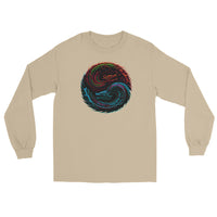 Yin Yang Dragon Fire & Ice design on unisex long sleeve shirt, front view