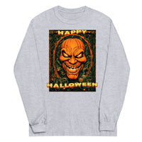 Happy Halloween Evil Pumpkin design on unisex long sleeve shirt, front view