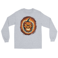 Fire Jack O' Lantern design on unisex long sleeve shirt, front view
