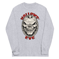 Grinning Skull Pumpkin design on unisex long sleeve shirt, front view