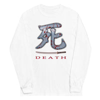 Death Kanji 死 Bloody Sword design on unisex long sleeve shirt, front view