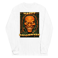 Happy Halloween Evil Pumpkin design on unisex long sleeve shirt, front view