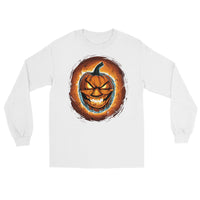 Fire Jack O' Lantern design on unisex long sleeve shirt, front view