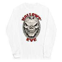 Grinning Skull Pumpkin design on unisex long sleeve shirt, front view