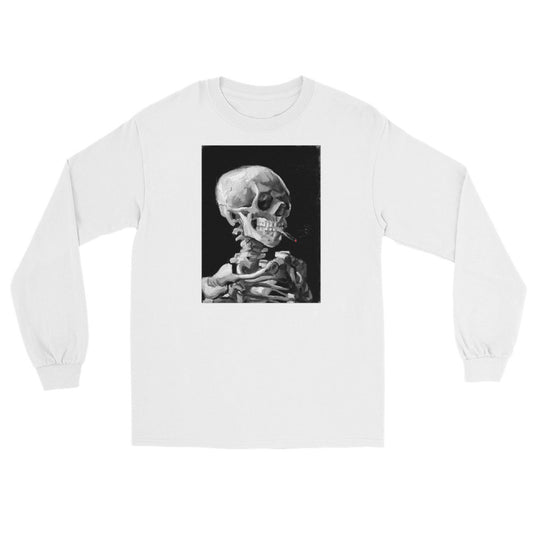 Skeleton Smoking Van Gogh design on unisex long sleeve shirt, front view