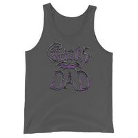 Purple Goth Dad Bat design on men's tank top, front view