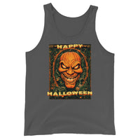 Happy Halloween Evil Pumpkin design on men's tank top, front view